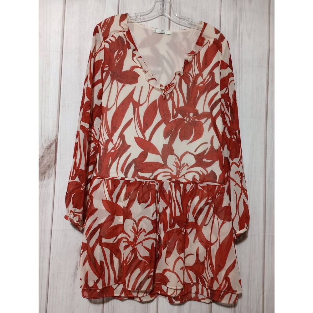 MNG Mini Dress Ladies 4 Red Chiffon Semi Sheer Sleeves
